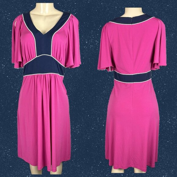 Vicky Tiel M Pink-Navy Colorblock V-Neck Zip Short Split Sleeve Below Knee Dress - Picture 1 of 6